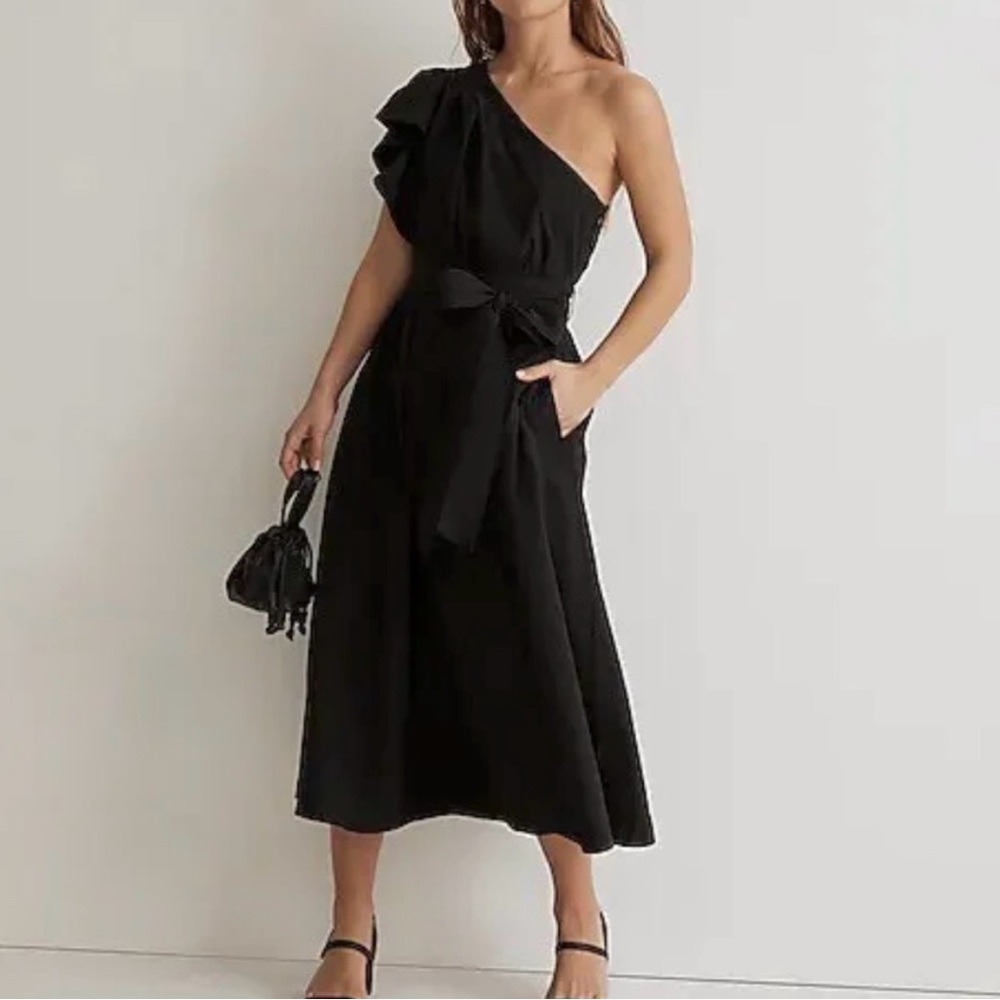 New Madewell Ruffled One Shoulder Midi Dress Black